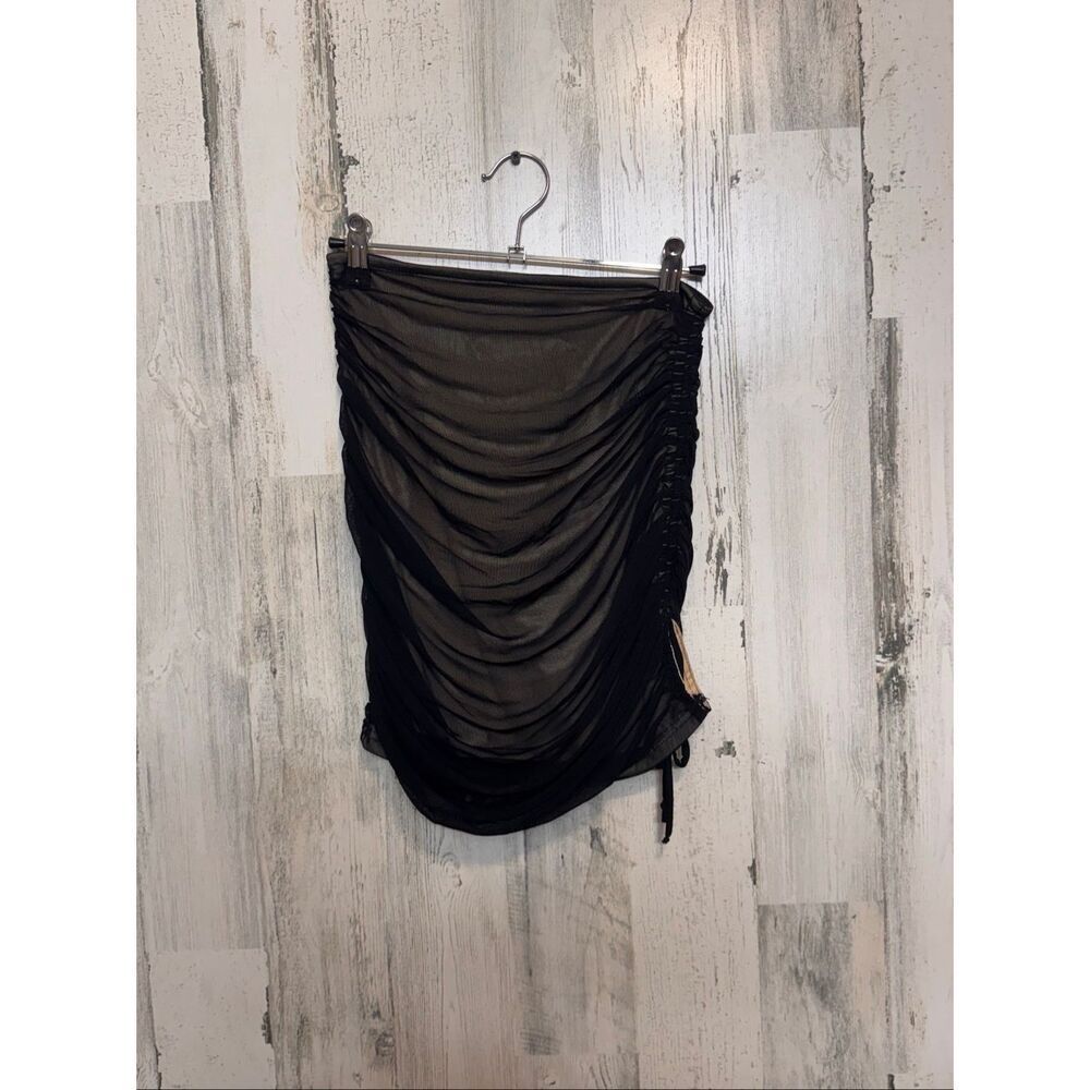 Privy Windsor Black Mesh Ruched Mini Skirt | Sheer Overlay Nude Lining Bodycon S